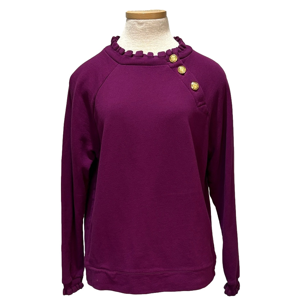 Talbots sz L magenta 100% cotton ruffled top with gold crested button detail
